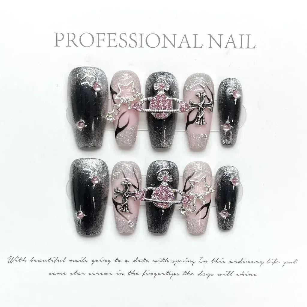 Artificial Nail Sparkling Pink Diamond Surrounding Planet Flame Cat Eye Nails Reusable and Removable Nails