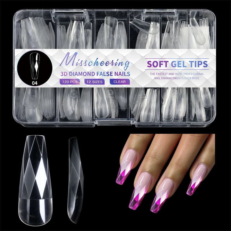 140/120pcs 3D Diamond-shaped Flase Nail Extensions Shiny Almond Press on Nails Full Cover Soft Gel Tips Manicure Supplies
