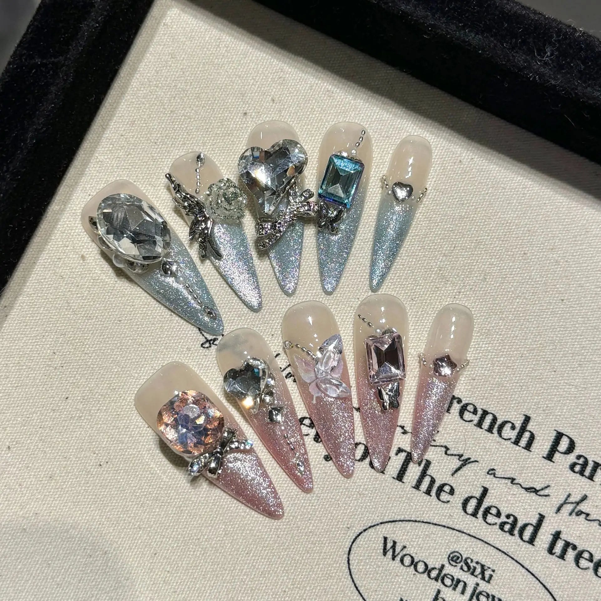 10pcs Super Long Stiletto False Nail Tips Light Luxury Handmade Full Flash Diamond Press On Nails European Wearable Fake Nails