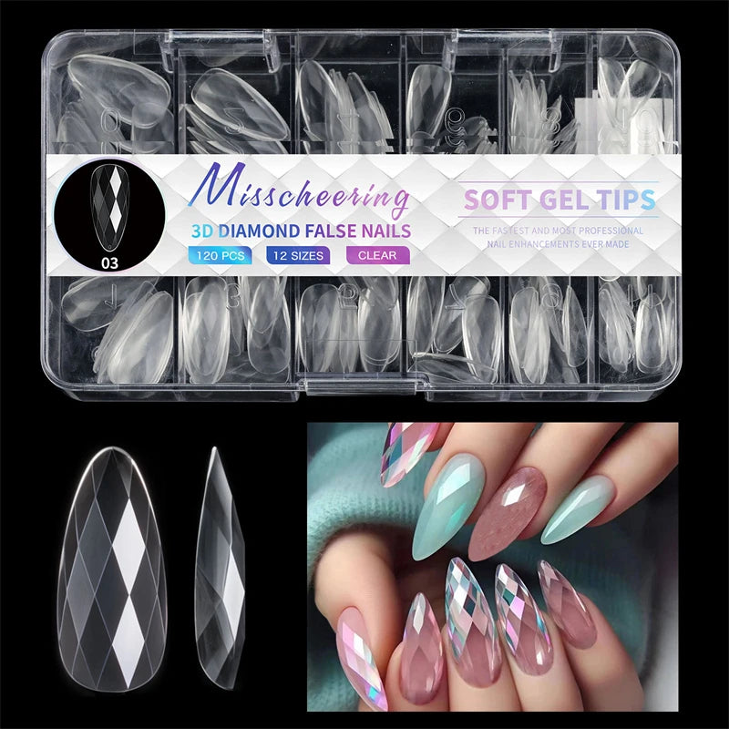 140/120pcs 3D Diamond-shaped Flase Nail Extensions Shiny Almond Press on Nails Full Cover Soft Gel Tips Manicure Supplies