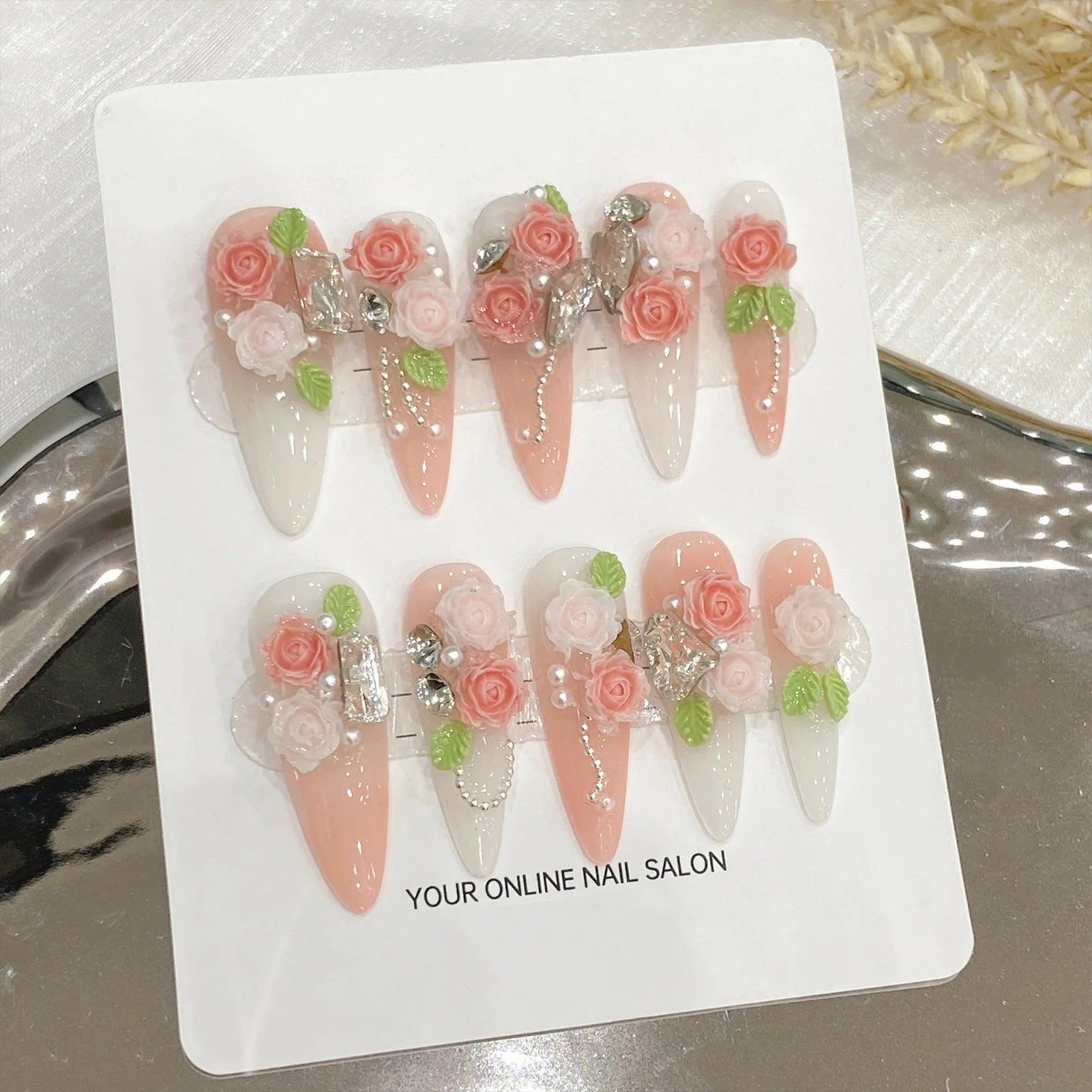 10pcs Dark Black False Nail Tips Metal Butterfly Flowers Designs Handmade Press On Nails Glossy Diamond Long Stiletto Fake Nail