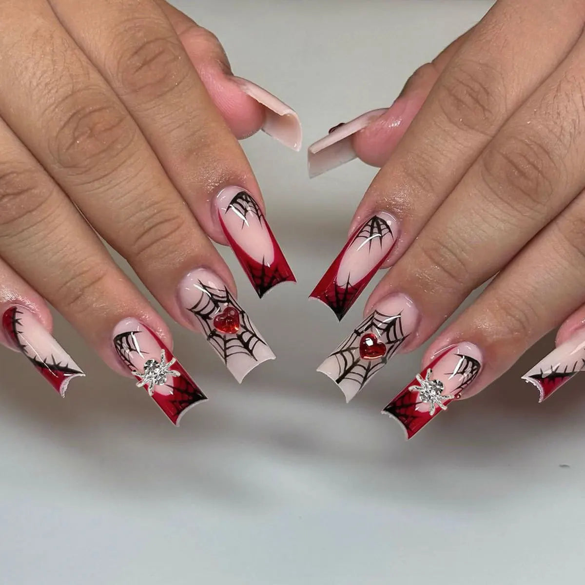 Gradient Black Red Halloween Fake Nails Long Coffin French Style Press on Nails 3D Spider Designs Y2K Punk Fashion False Nail