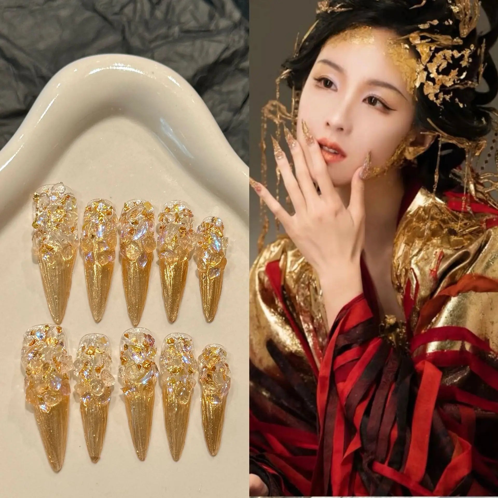 10pcs Super Long Stiletto False Nail Tips Light Luxury Handmade Full Flash Diamond Press On Nails European Wearable Fake Nails