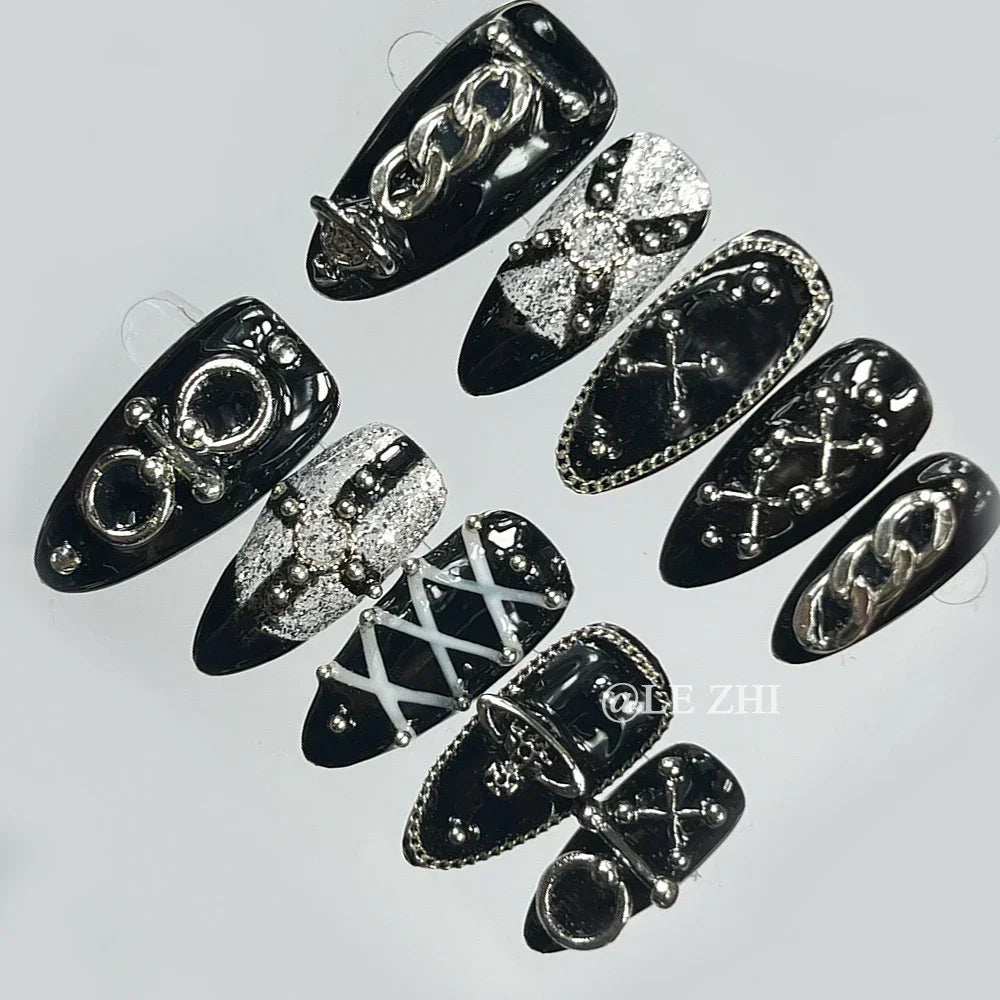 Metal Chain Dark Gothic Almond Press On Nail Art Silver Streak Decoration Handwork Detachable Fake Nails Presson Girl Party Gift
