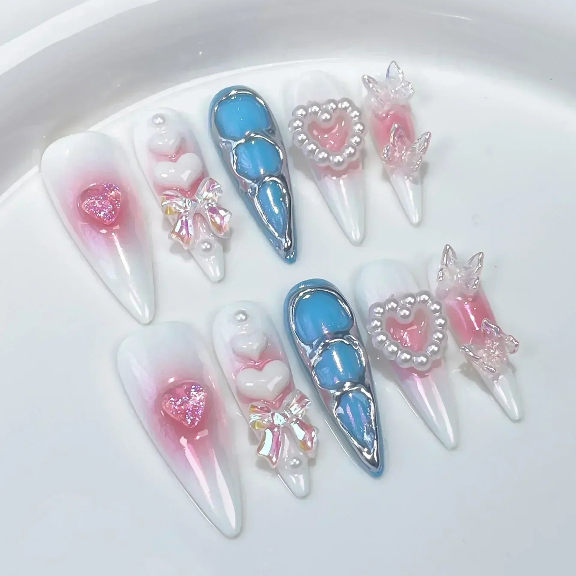 10Pcs Long Almond Handmade Press on Nails Butterfly Fake Nails Wearable Stick-on Nails False Nail Накладные Ногти Uñas Postizas