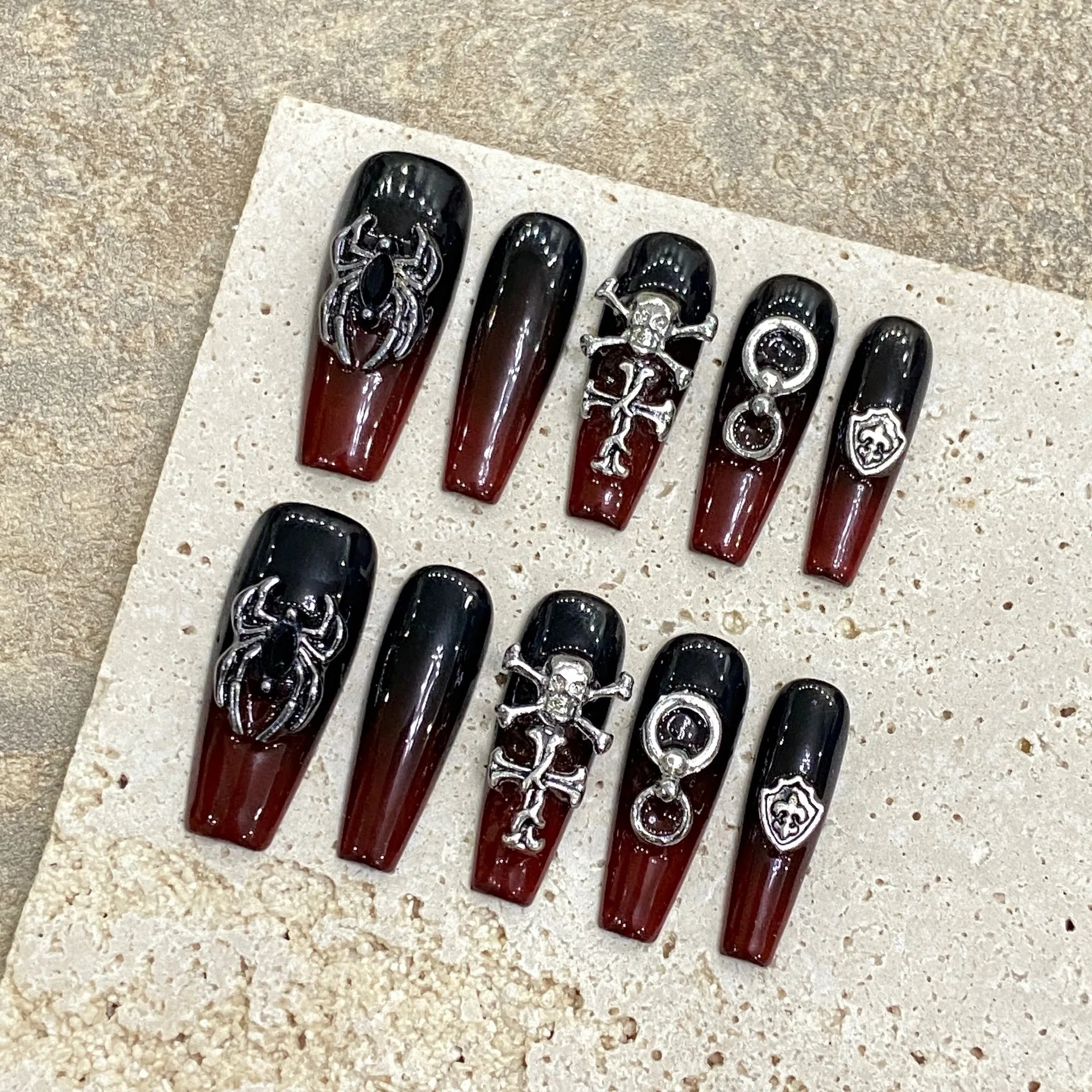 10pcs Handmade Press On Nails Sweet Cool y2k Black Red Gradient Nails Press Ons Cross Long Fake Nails Metallic False Nail Tips