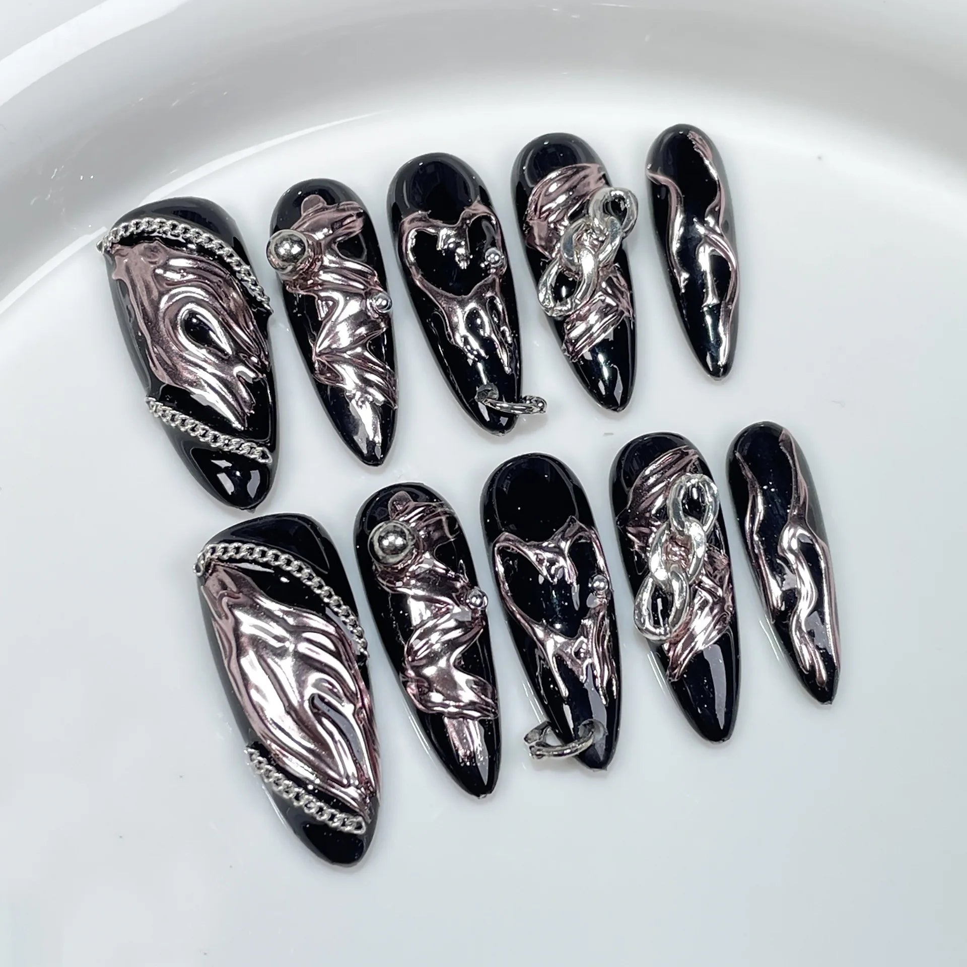 10pcs Butterfly Long False Nails Handmade Press on Nails Art Purple Smudge Design Reusable Almond Fake Nail Tips with Jelly Glue