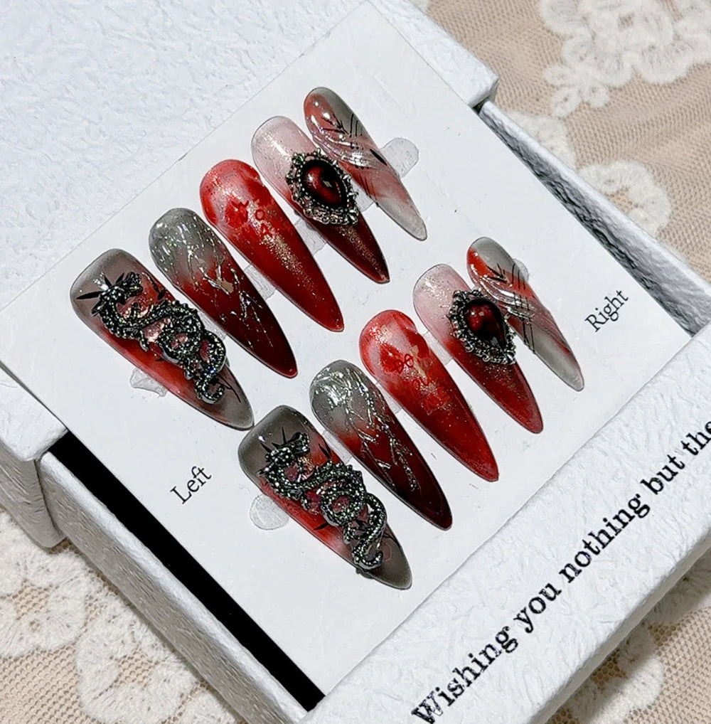 Metal Chain Dark Gothic Almond Press On Nail Art Silver Streak Decoration Handwork Detachable Fake Nails Presson Girl Party Gift