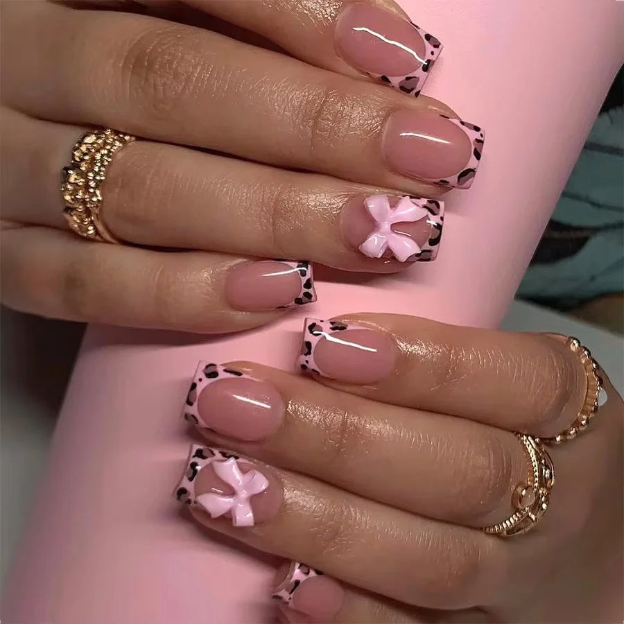 24Pcs Pink Bow Press on Nails 3D Flower with Pearl Design Acrylic Nails Ballerina Full Cover French False Nail Tips for Women