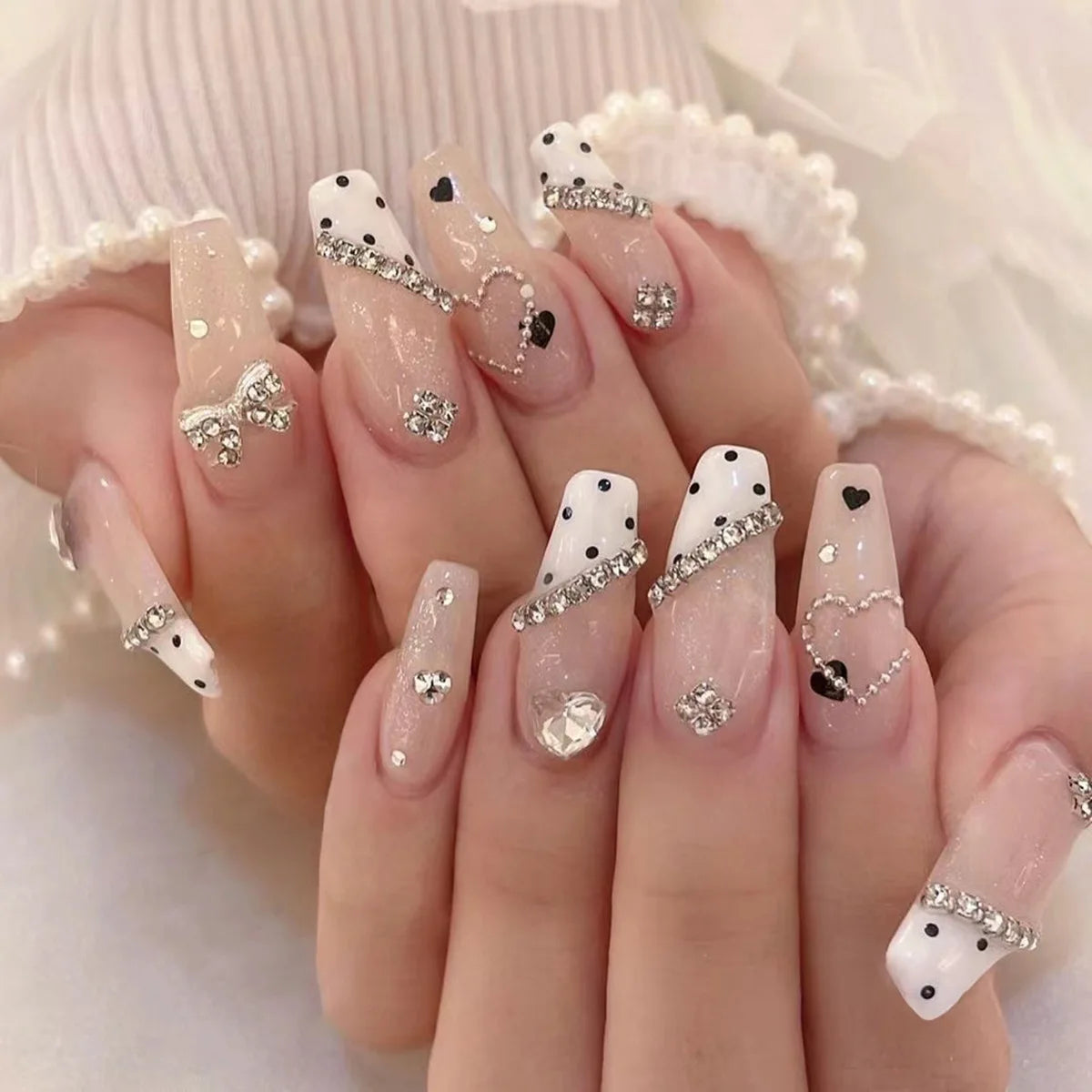 24Pcs Pink Bow Press on Nails 3D Flower with Pearl Design Acrylic Nails Ballerina Full Cover French False Nail Tips for Women