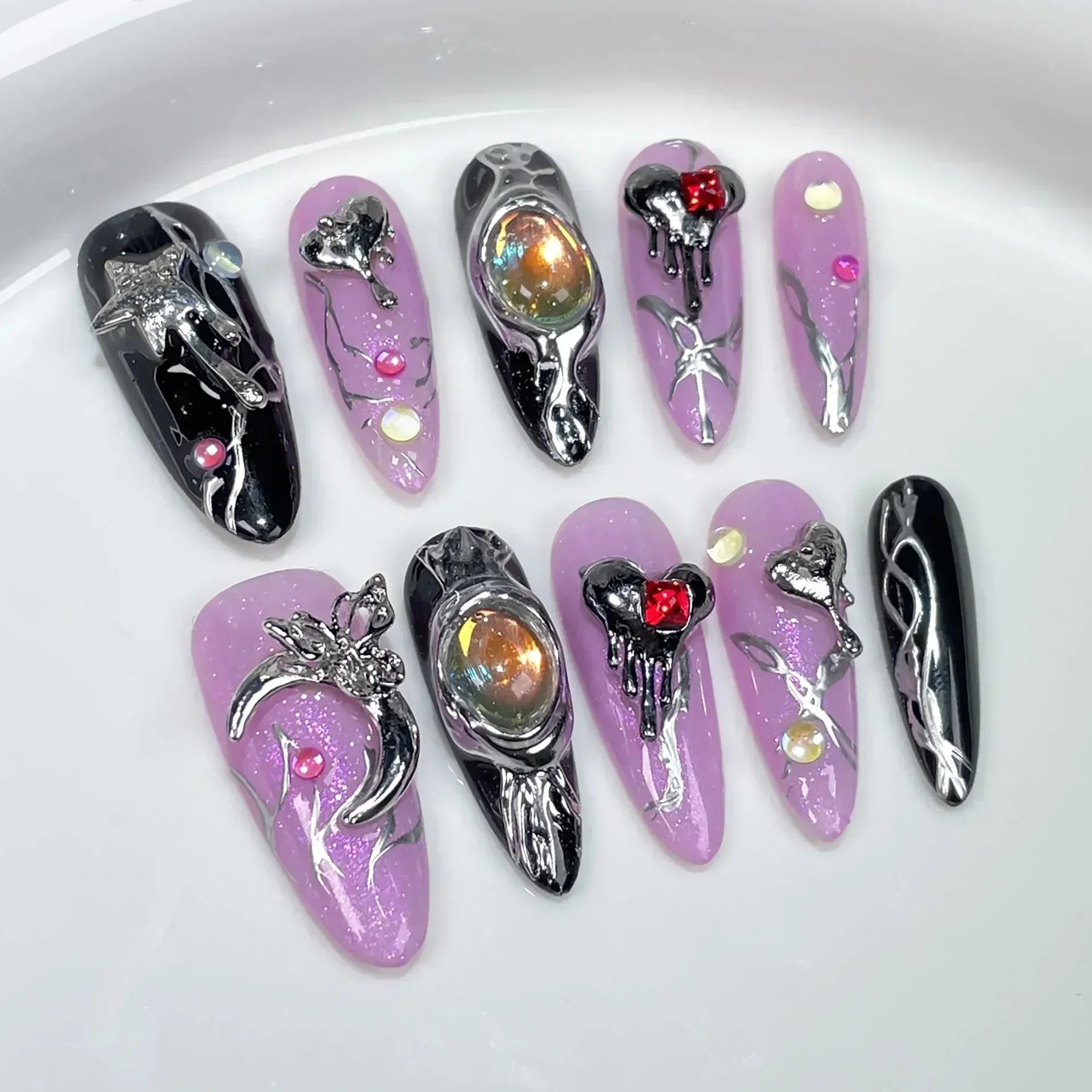 10Pcs Long Almond Handmade Press on Nails Butterfly Fake Nails Wearable Stick-on Nails False Nail Накладные Ногти Uñas Postizas