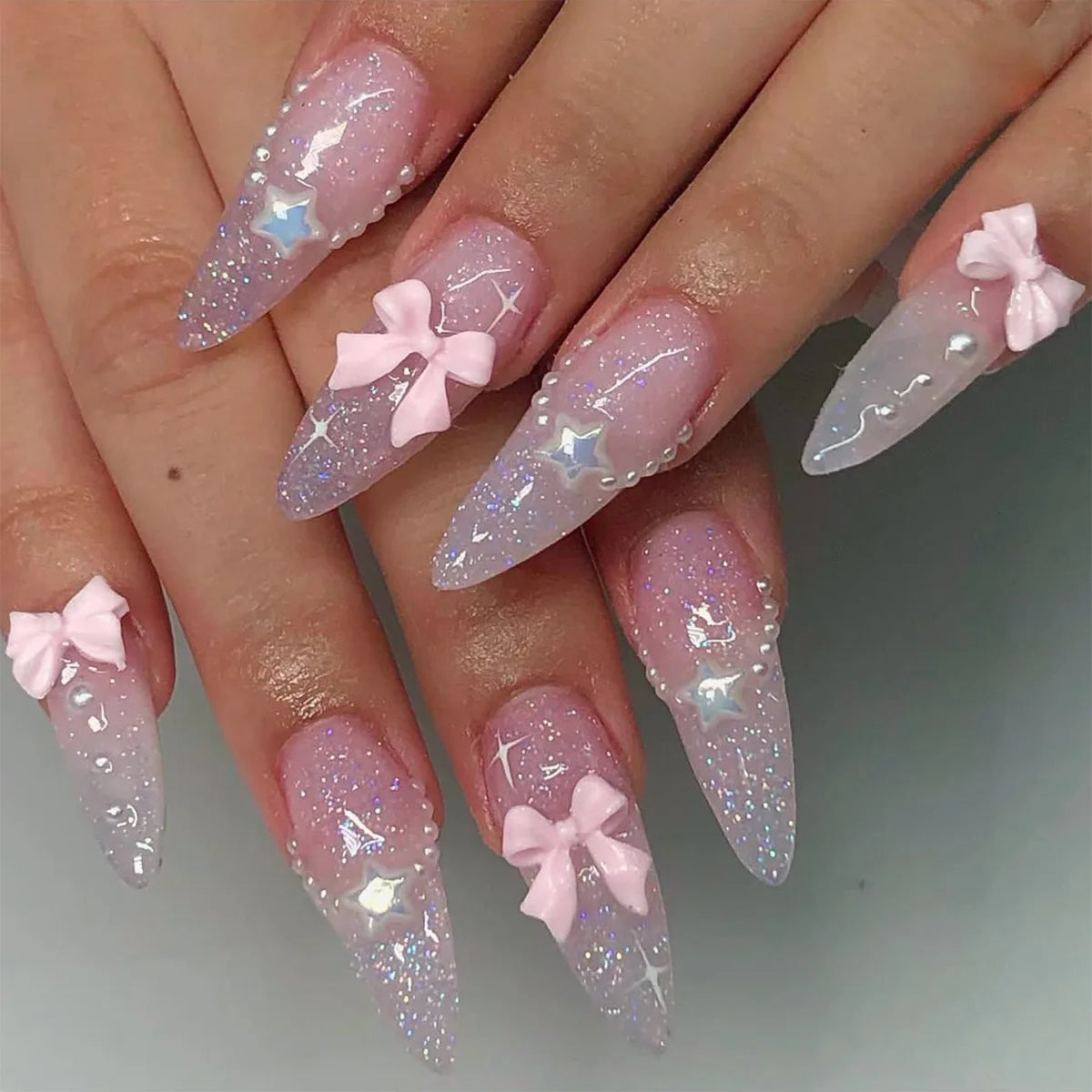 24Pcs Pink Bow Press on Nails 3D Flower with Pearl Design Acrylic Nails Ballerina Full Cover French False Nail Tips for Women