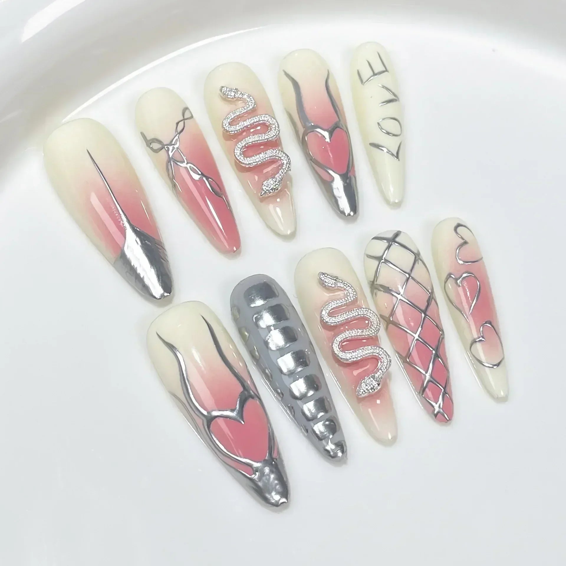 10Pcs Long Almond Handmade Press on Nails Butterfly Fake Nails Wearable Stick-on Nails False Nail Накладные Ногти Uñas Postizas