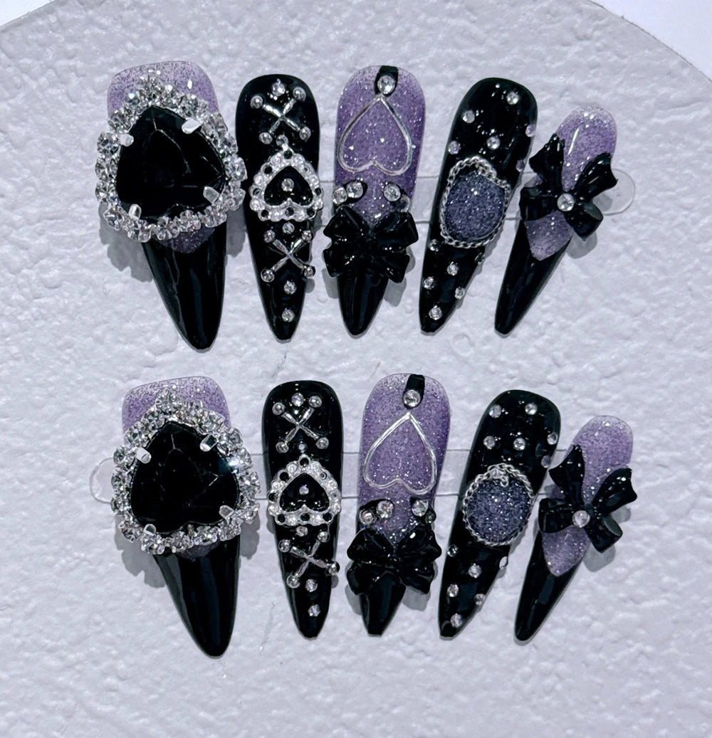 Metal Chain Dark Gothic Almond Press On Nail Art Silver Streak Decoration Handwork Detachable Fake Nails Presson Girl Party Gift