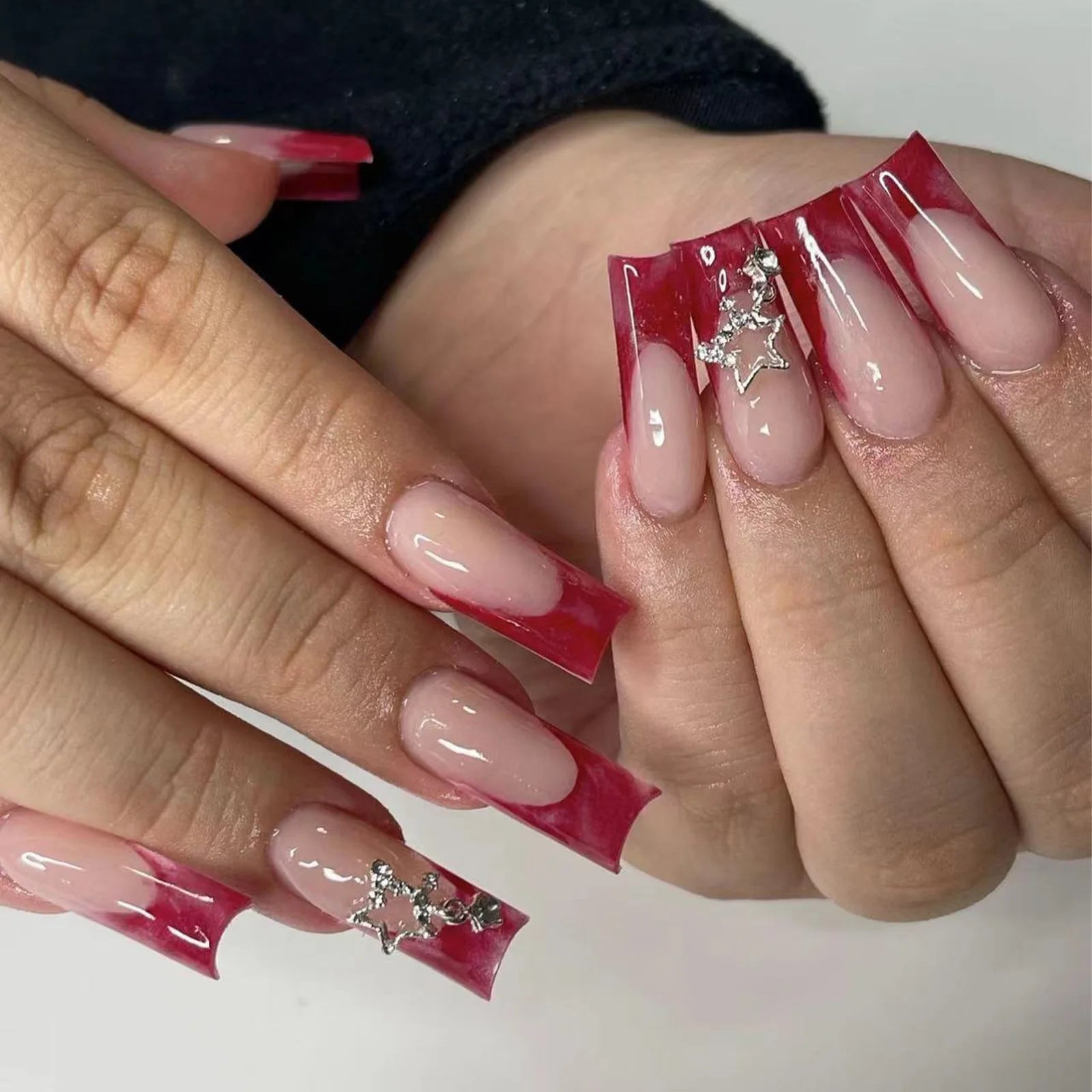 Gradient Black Red Halloween Fake Nails Long Coffin French Style Press on Nails 3D Spider Designs Y2K Punk Fashion False Nail