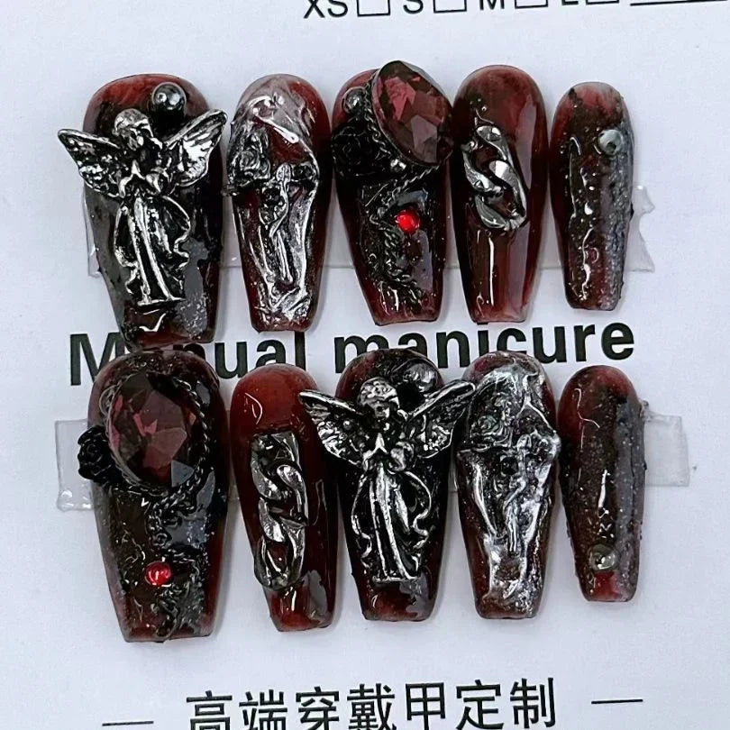 10 Pieces Sweet Cool Dark Style Handmade Wearable Nails Star River Falls Nail Art Patches Scarlet Angel Halloween Fake Nails