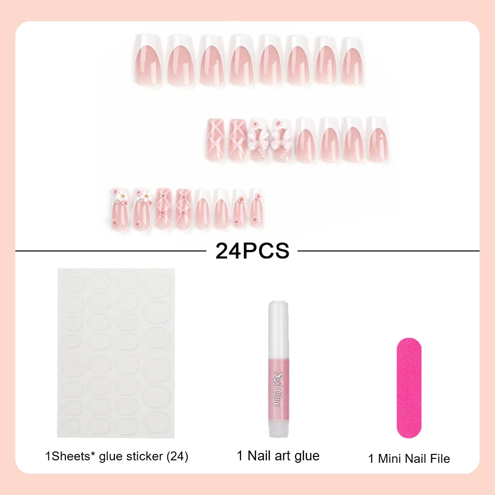 24Pcs Pink Bow Press on Nails 3D Flower with Pearl Design Acrylic Nails Ballerina Full Cover French False Nail Tips for Women