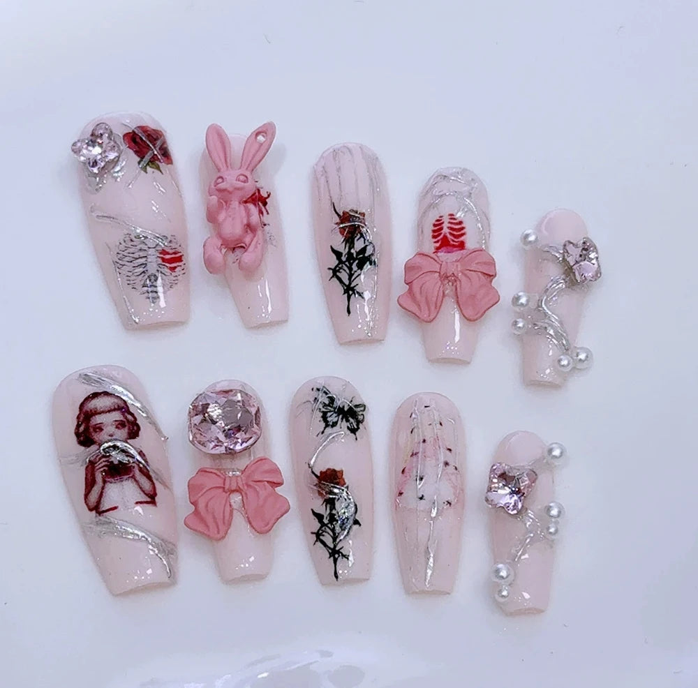 Metal Chain Dark Gothic Almond Press On Nail Art Silver Streak Decoration Handwork Detachable Fake Nails Presson Girl Party Gift