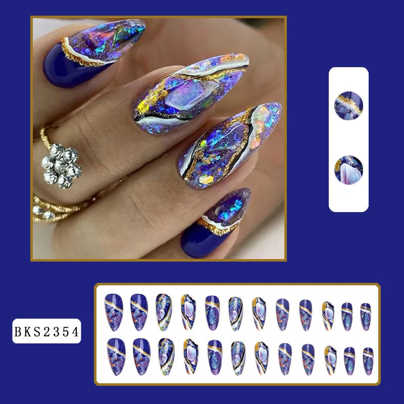 24Pcs Almond False Nails Colored Glass Glitter with French Design Wearable Fake Nails Amber Luxury Full Cover Press on Nail Tips