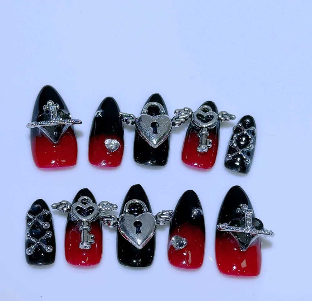 Metal Chain Dark Gothic Almond Press On Nail Art Silver Streak Decoration Handwork Detachable Fake Nails Presson Girl Party Gift