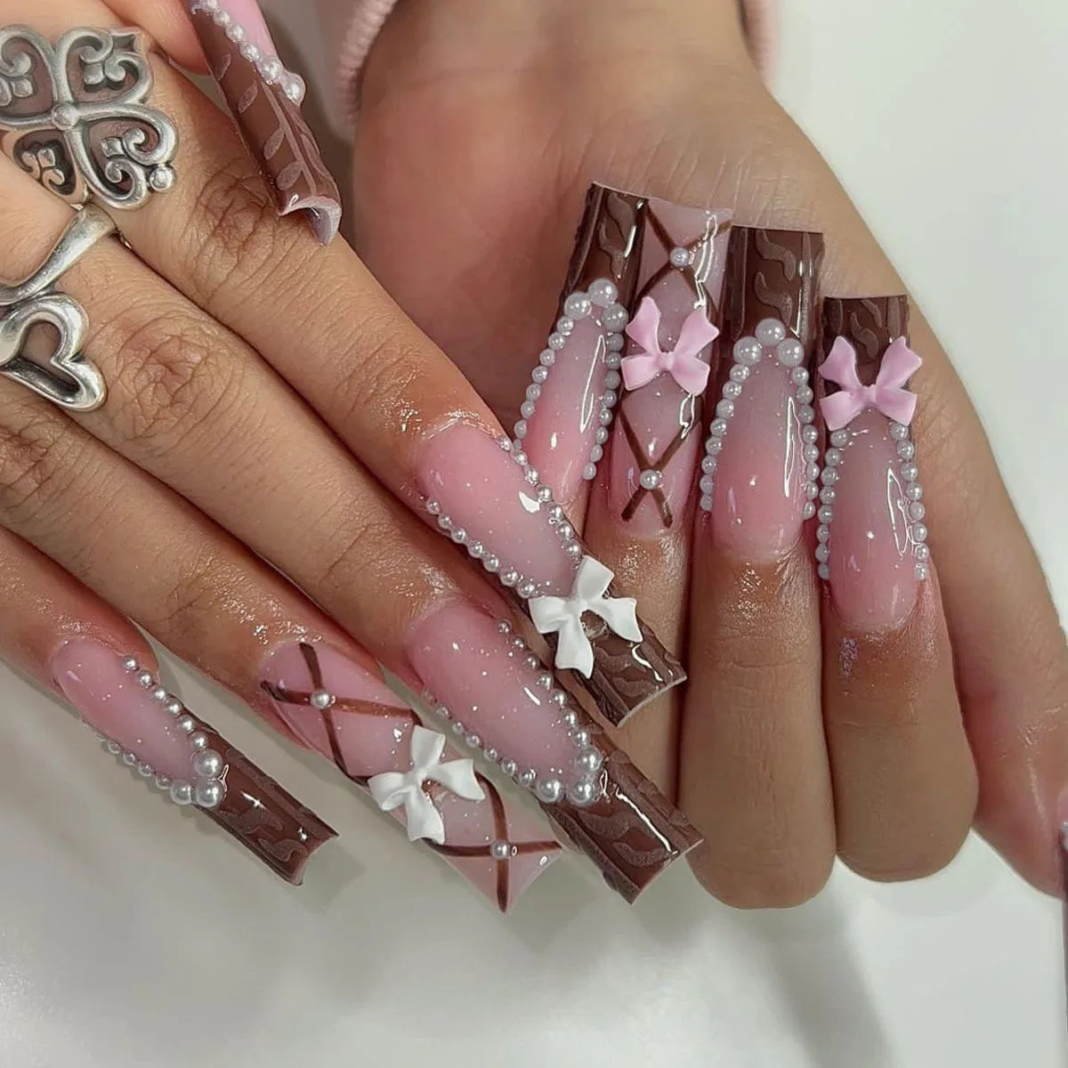 24Pcs Pink Bow Press on Nails 3D Flower with Pearl Design Acrylic Nails Ballerina Full Cover French False Nail Tips for Women