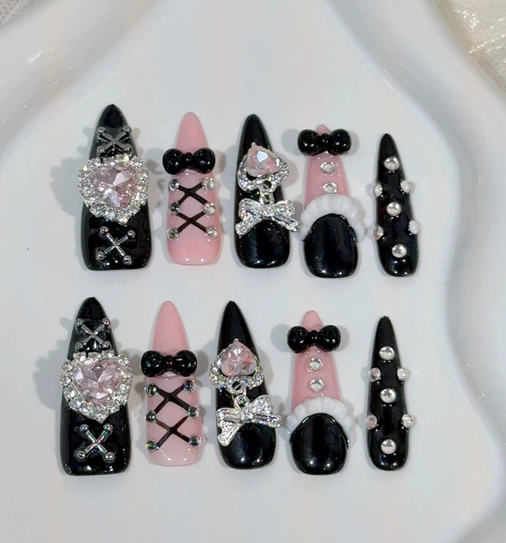Metal Chain Dark Gothic Almond Press On Nail Art Silver Streak Decoration Handwork Detachable Fake Nails Presson Girl Party Gift