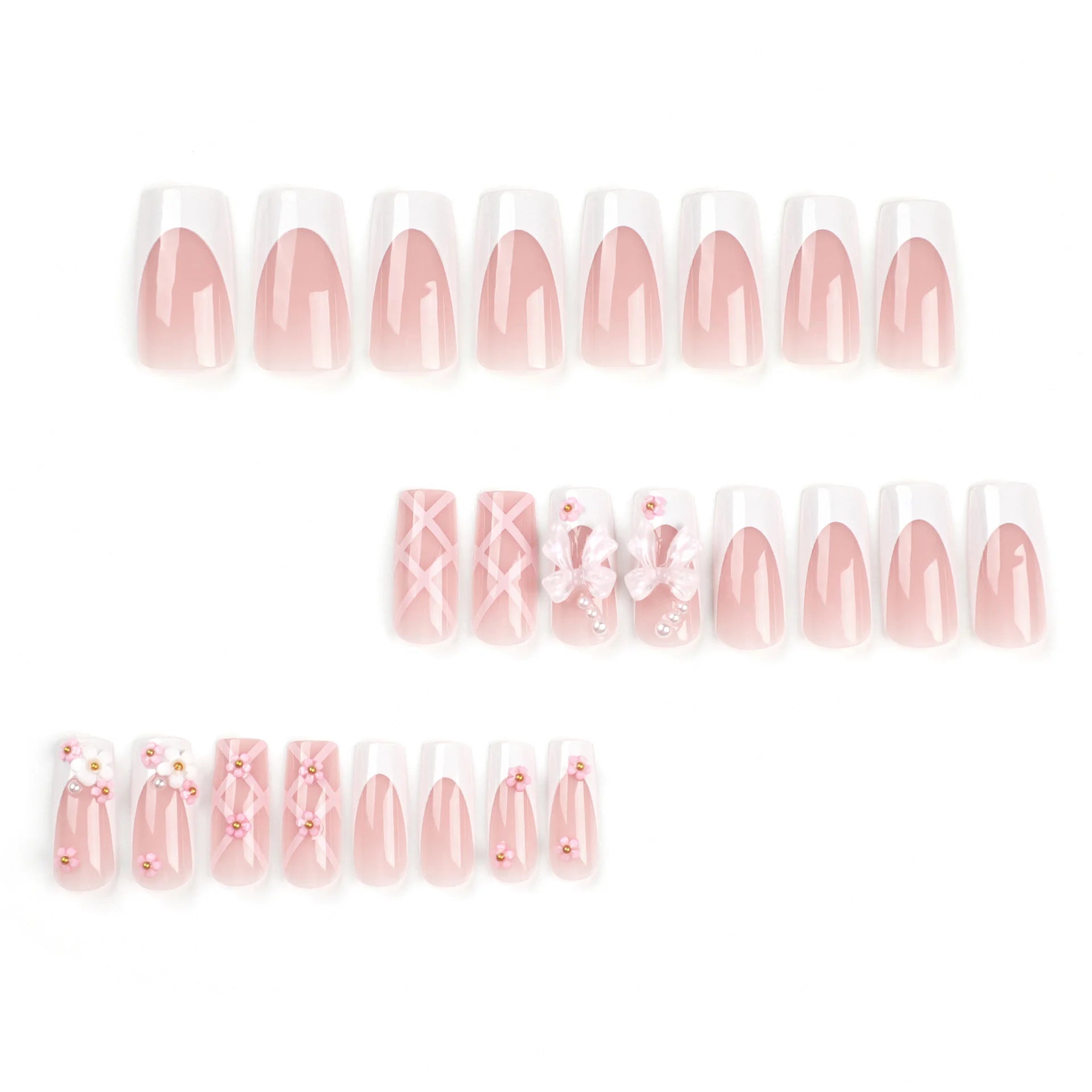 24Pcs Pink Bow Press on Nails 3D Flower with Pearl Design Acrylic Nails Ballerina Full Cover French False Nail Tips for Women