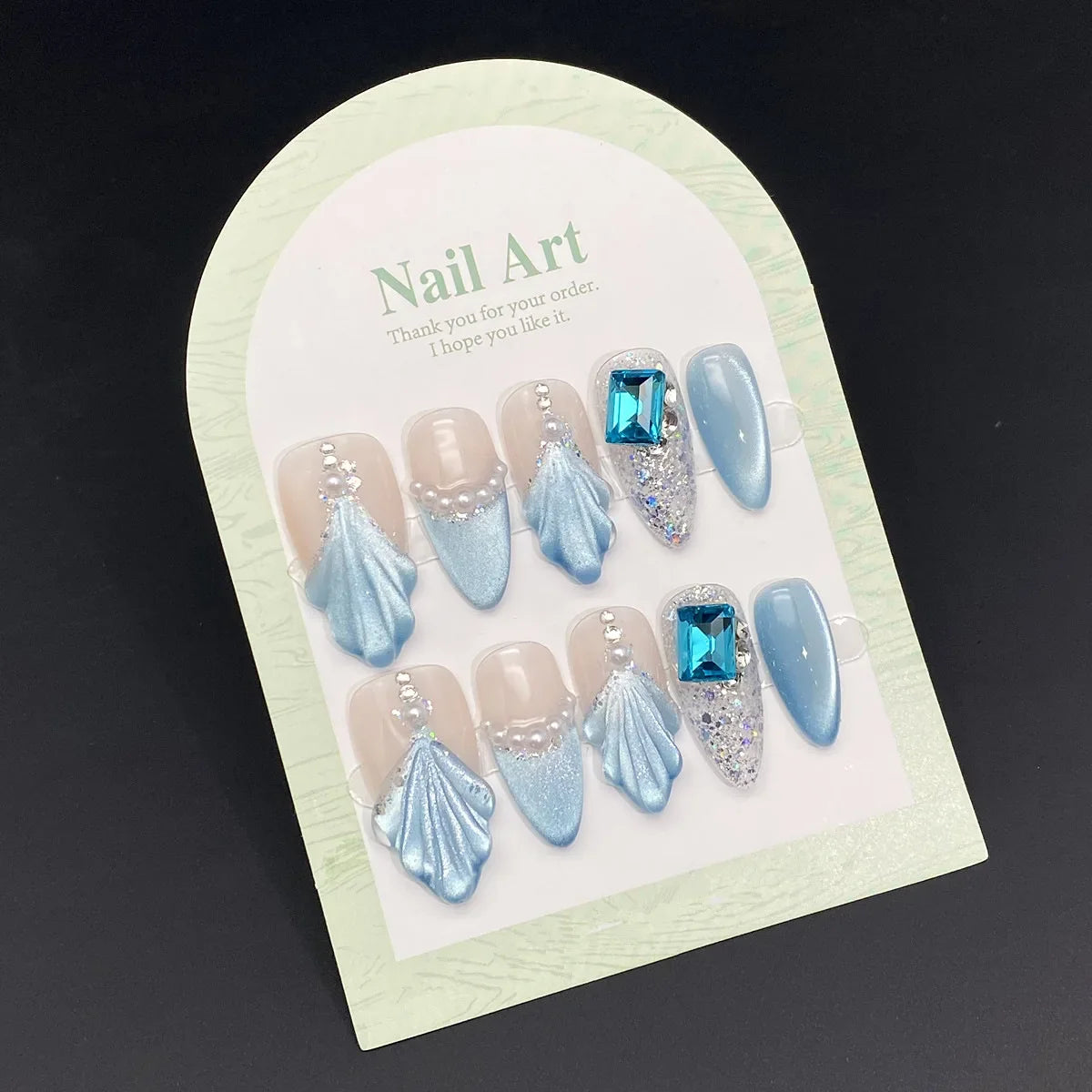 10pcs Handmade Press-On Nails with Sparkling Diamonds Cat Eye & Marine Design Blue Almond-Shaped Medium Length Nails for Women