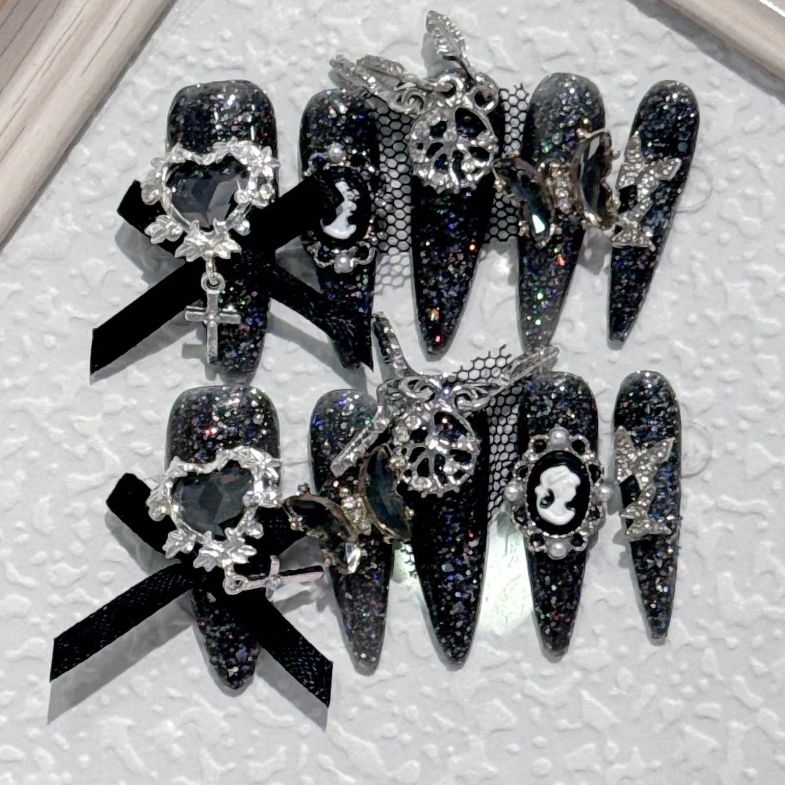 10pcs Dark Black False Nail Tips Metal Butterfly Flowers Designs Handmade Press On Nails Glossy Diamond Long Stiletto Fake Nail