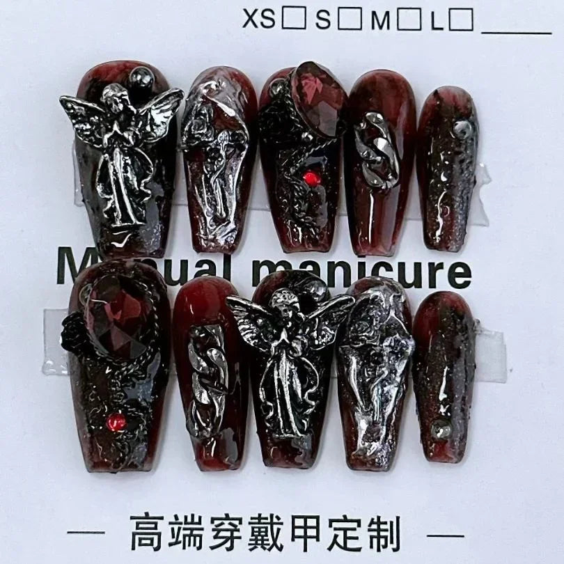 10 Pieces Sweet Cool Dark Style Handmade Wearable Nails Star River Falls Nail Art Patches Scarlet Angel Halloween Fake Nails