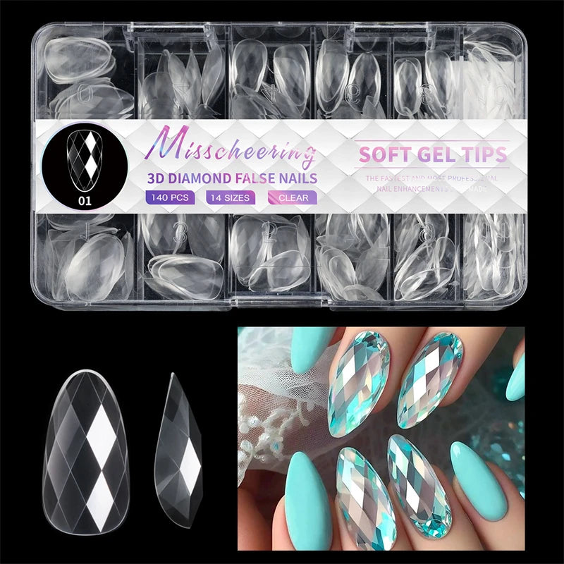 140/120pcs 3D Diamond-shaped Flase Nail Extensions Shiny Almond Press on Nails Full Cover Soft Gel Tips Manicure Supplies