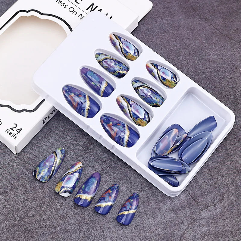 24Pcs Almond False Nails Colored Glass Glitter with French Design Wearable Fake Nails Amber Luxury Full Cover Press on Nail Tips