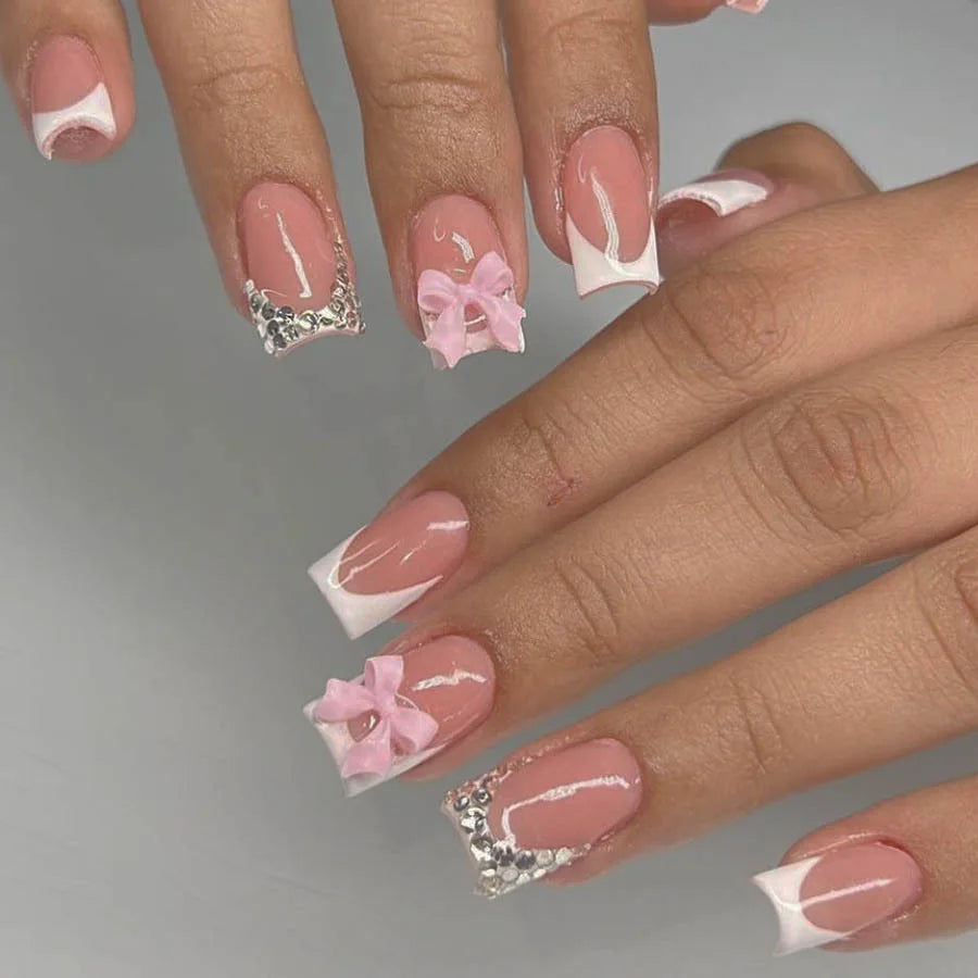 24Pcs Pink Bow Press on Nails 3D Flower with Pearl Design Acrylic Nails Ballerina Full Cover French False Nail Tips for Women