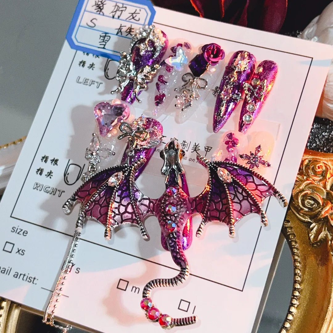 10Pcs High Quality Handmade Press on Nails Exaggerated Spicy Girl Personality Wearing Armor Nail Art Detachable Purple Dragon