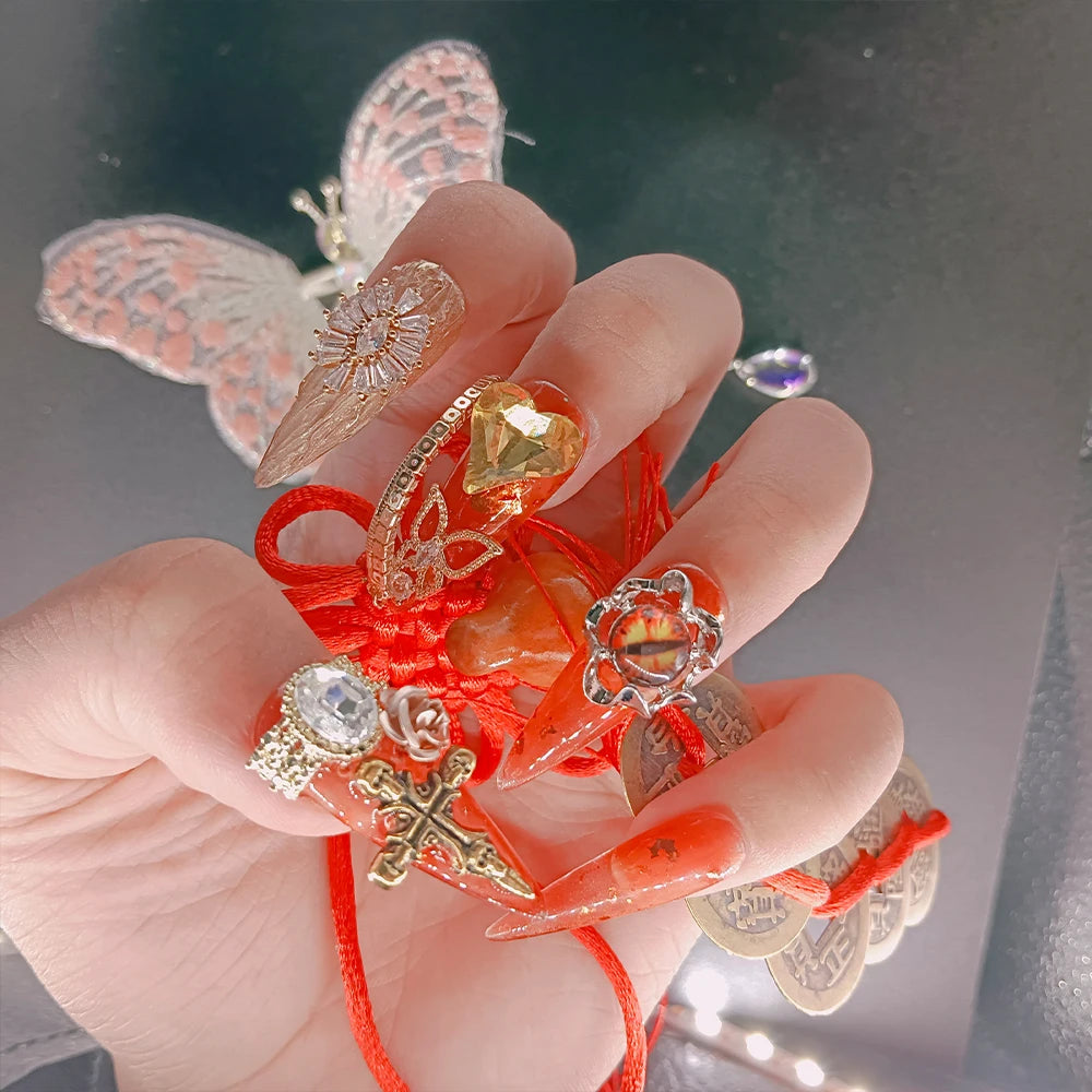 10Pcs High Quality Handmade Press on Nails Real Shot Pure Hand Drawn Wealth Accumulating Dragon Amber Exaggerated Super Cool