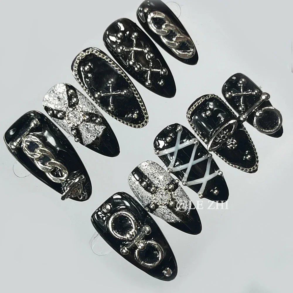 Metal Chain Dark Gothic Almond Press On Nail Art Silver Streak Decoration Handwork Detachable Fake Nails Presson Girl Party Gift