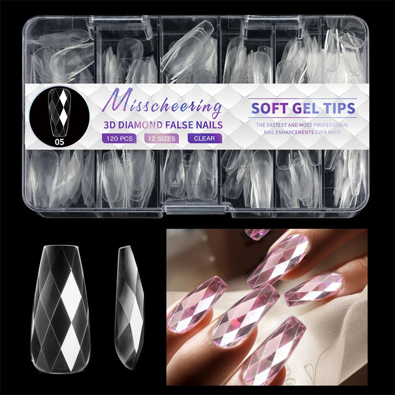 140/120pcs 3D Diamond-shaped Flase Nail Extensions Shiny Almond Press on Nails Full Cover Soft Gel Tips Manicure Supplies