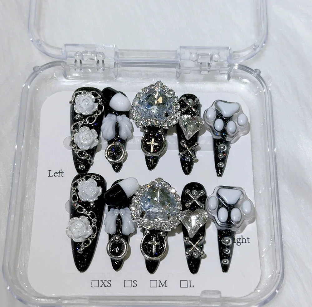 Metal Chain Dark Gothic Almond Press On Nail Art Silver Streak Decoration Handwork Detachable Fake Nails Presson Girl Party Gift