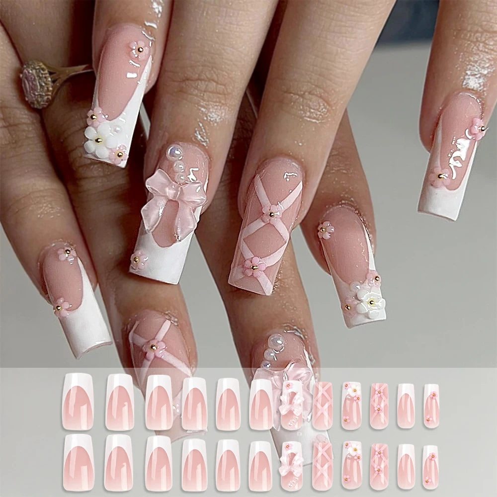 24Pcs Pink Bow Press on Nails 3D Flower with Pearl Design Acrylic Nails Ballerina Full Cover French False Nail Tips for Women