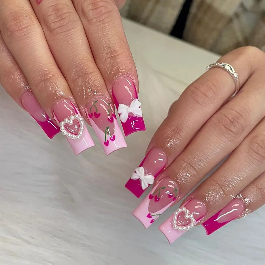 24Pcs Pink Bow Press on Nails 3D Flower with Pearl Design Acrylic Nails Ballerina Full Cover French False Nail Tips for Women