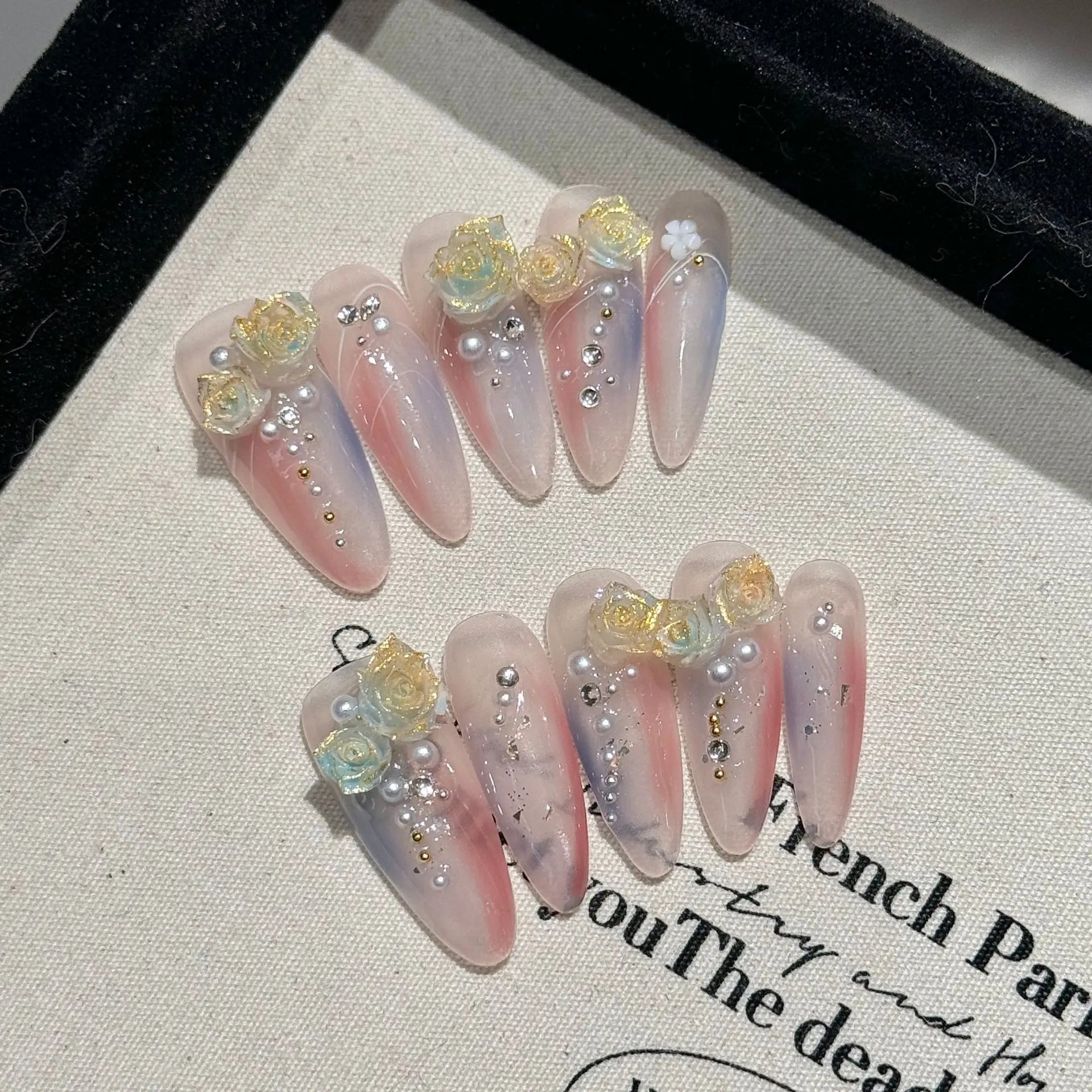 10pcs Dark Black False Nail Tips Metal Butterfly Flowers Designs Handmade Press On Nails Glossy Diamond Long Stiletto Fake Nail