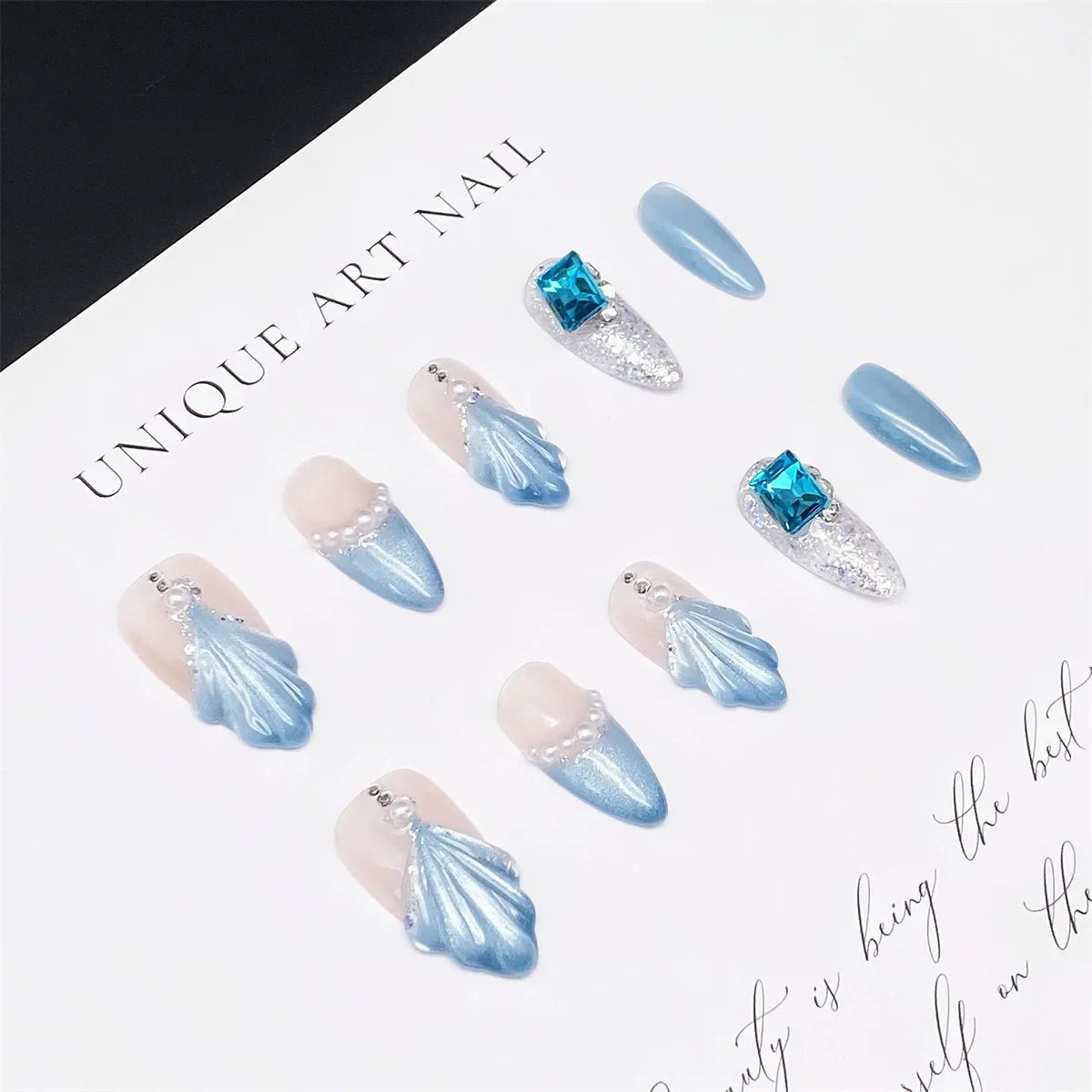 10pcs Handmade Press-On Nails with Sparkling Diamonds Cat Eye & Marine Design Blue Almond-Shaped Medium Length Nails for Women