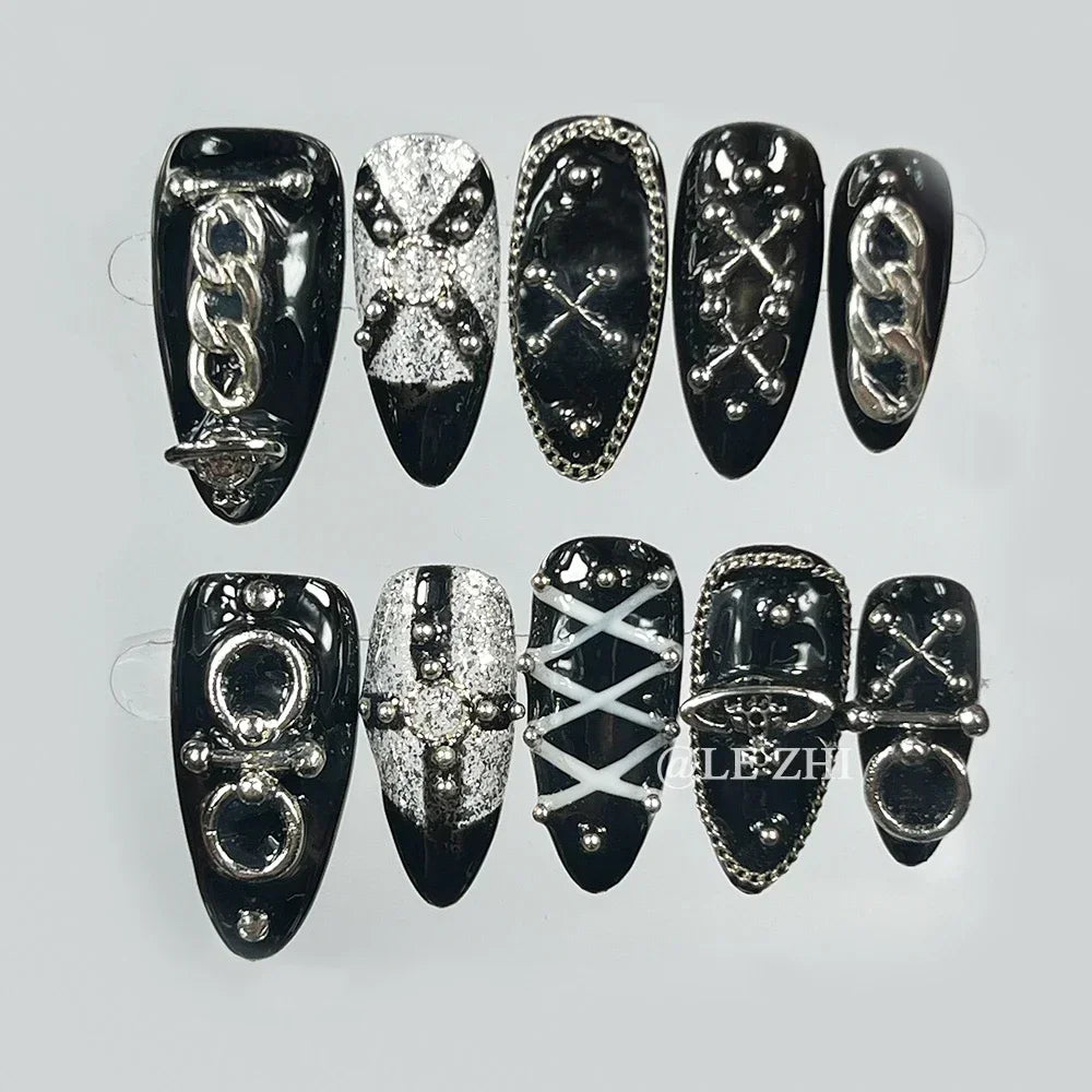 Metal Chain Dark Gothic Almond Press On Nail Art Silver Streak Decoration Handwork Detachable Fake Nails Presson Girl Party Gift