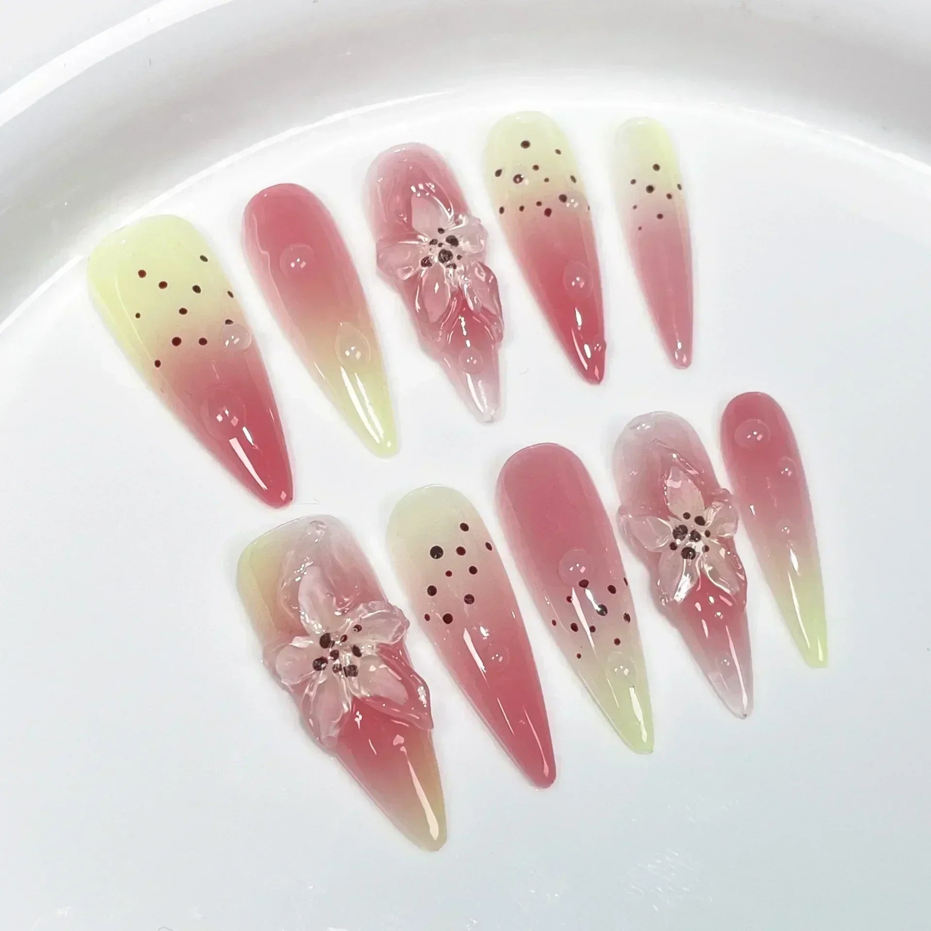 10Pcs Long Almond Handmade Press on Nails Butterfly Fake Nails Wearable Stick-on Nails False Nail Накладные Ногти Uñas Postizas