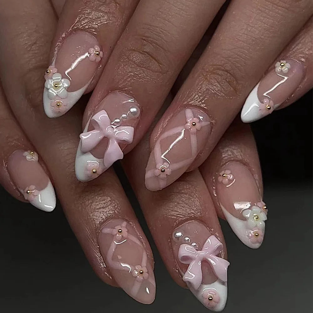 24Pcs Pink Bow Press on Nails 3D Flower with Pearl Design Acrylic Nails Ballerina Full Cover French False Nail Tips for Women