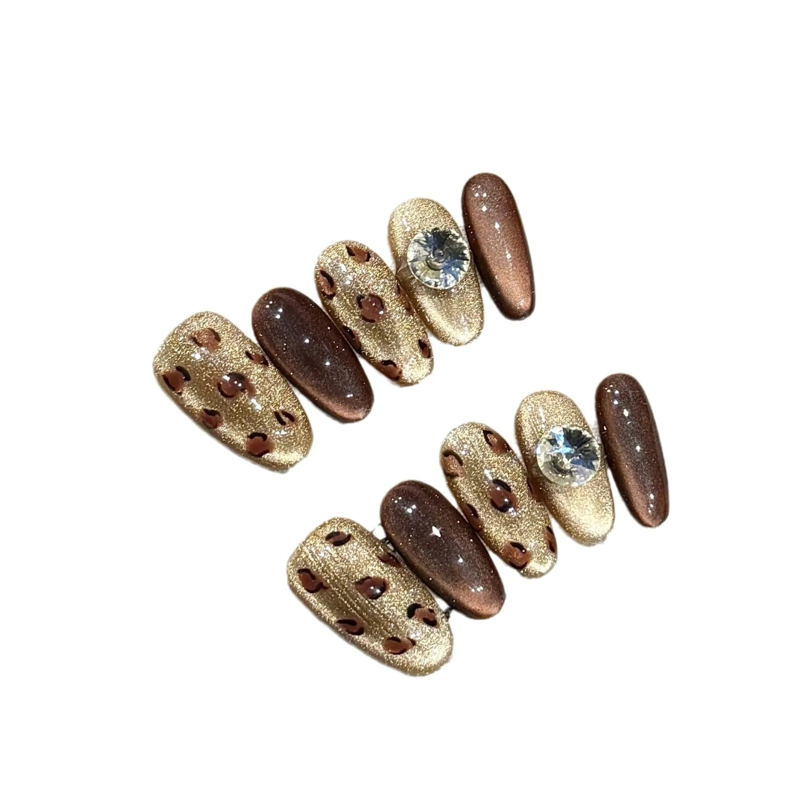 10pcs Handmade Shimmery Brown Cat's Eye Press On Nail Glossy Diamond Leopard Print False Nails Reusable Wearable Fake Nail Tips