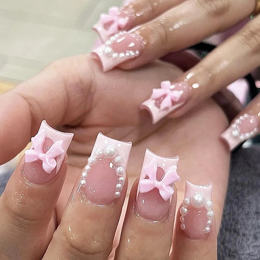 24Pcs Pink Bow Press on Nails 3D Flower with Pearl Design Acrylic Nails Ballerina Full Cover French False Nail Tips for Women