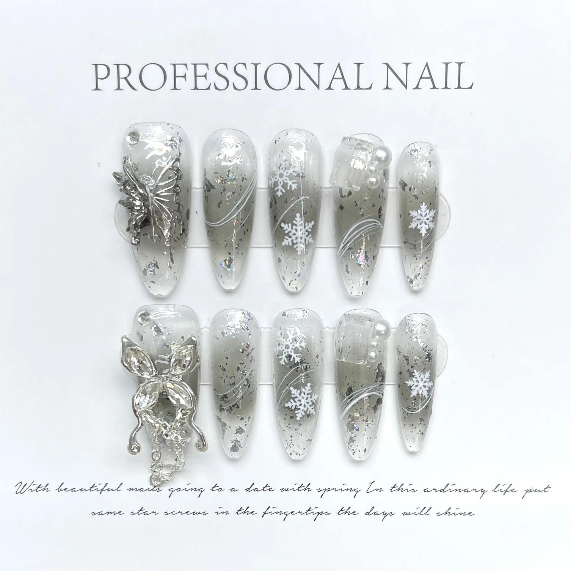 10pcs Handmade Y2k Hot Girl Press on Nails Black Rose Wearable Metal Long Almond False Nails Reusable Full Cover Nails Art