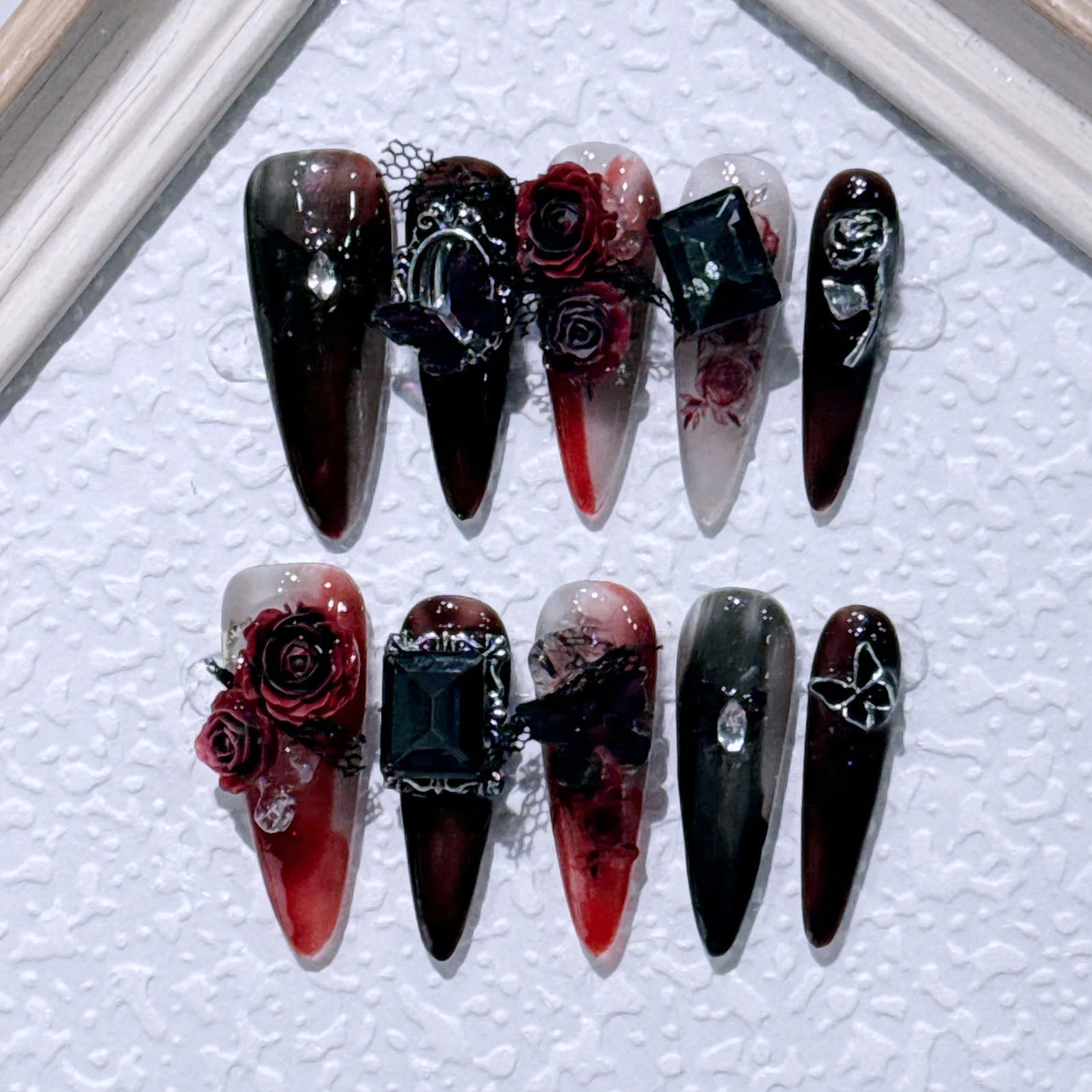 10pcs Dark Black False Nail Tips Metal Butterfly Flowers Designs Handmade Press On Nails Glossy Diamond Long Stiletto Fake Nail