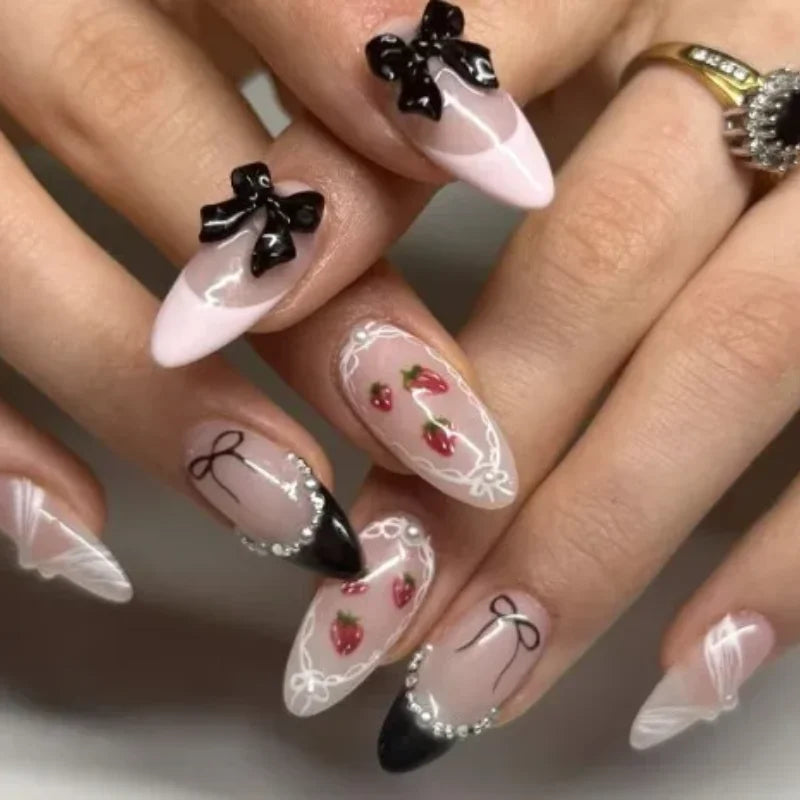 24Pcs Pink Bow Press on Nails 3D Flower with Pearl Design Acrylic Nails Ballerina Full Cover French False Nail Tips for Women